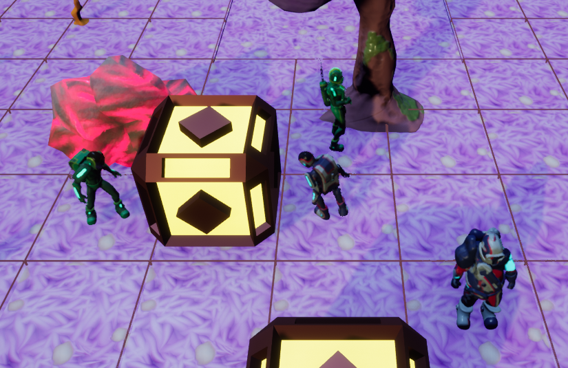 Screenshot from Lift-Off Laetus, showing two teams of astronauts and a large glowing cube