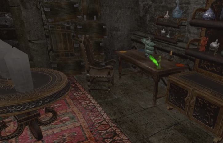 Screen shot of the Masked Dimension room, showing a rustic chair and a table holding mystical items